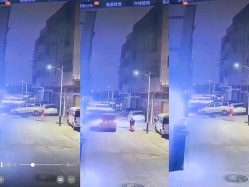 SUV Hits Manhole Cover And Jumps On Motorcyclist