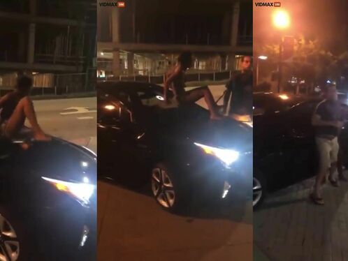 Crazy Woman Climbs On Roof Of Uber Driver's Car.