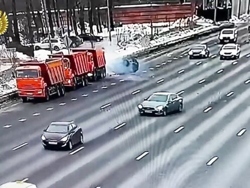 The Speeding Hyundai Did Not See The Dump Truck Parked On The Side Of The Road