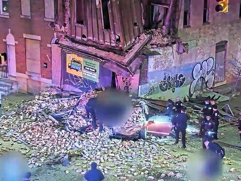 The Suspect's Car Crashed Into A Building, Taking Him With It.