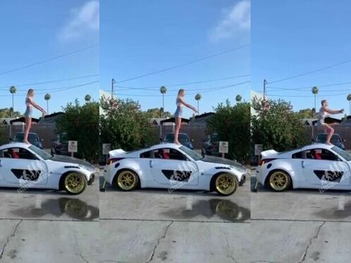 Pretty Blonde Tries Backflip On Boyfriend's Porsche