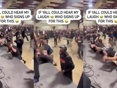 Crowd stampedes through a hall filled with tripwires