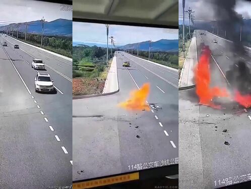 The Motorcycle Sped Along The Right Lane And Caught Fire