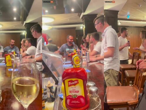 Drunk Disgusted Woman Sprays Ketchup On Two Men