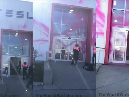 Breaking Newsâ€”Climate Activists In Montreal, Canada, Attack Tesla Store.