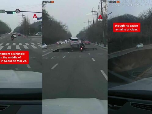 Motorcycle rider crashes into pothole and skids