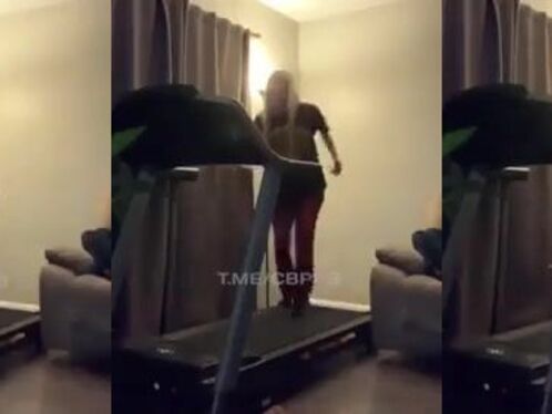 Man falls off treadmill and crashes into couch