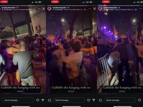 Woman dances wildly in a crowded street