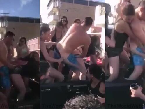 Wild partygoer lifts woman into the air