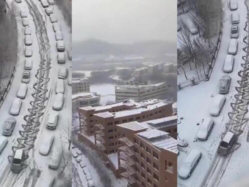 Truck causes huge chain reaction crash in snow