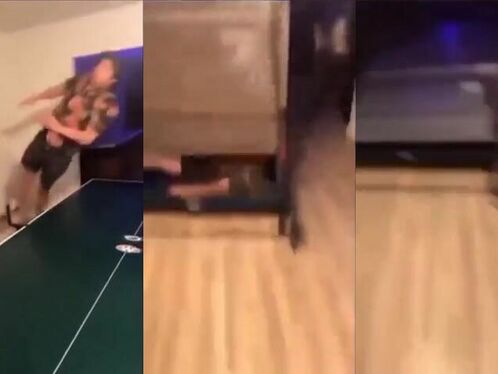 Man jumps on a table tennis table