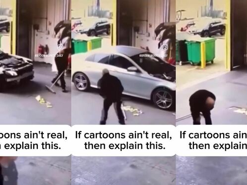 Worker sweeps coins into a pile in a parking garage