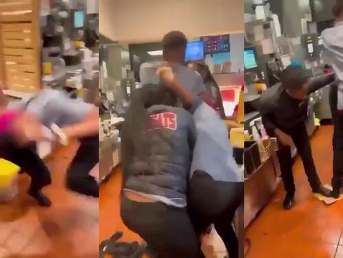 Woman punches man in fast food restaurant fight
