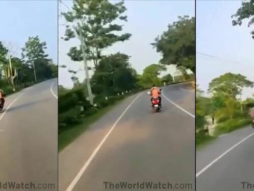 Motorcyclist crashes and falls off the road