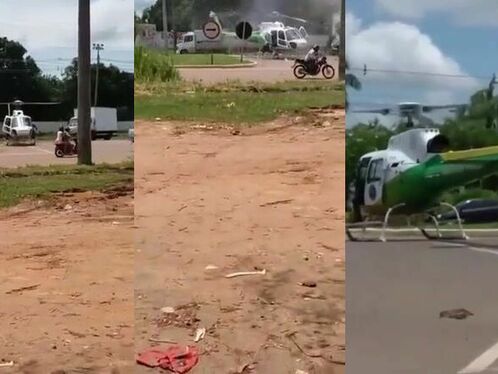 Biker dodges falling helicopter on the road