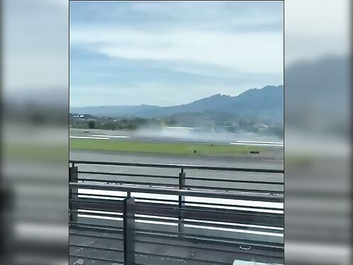 Yellow airplane attempts to take off but stalls and catches fire