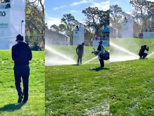 Man hits sprinkler with golf club