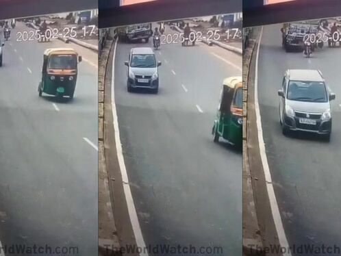 Car hits auto rickshaw and flips on highway