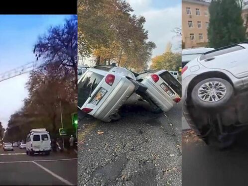 Two cars flip over in dramatic road collision