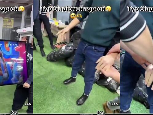 Man's hand is trapped in a plastic bag by his friends