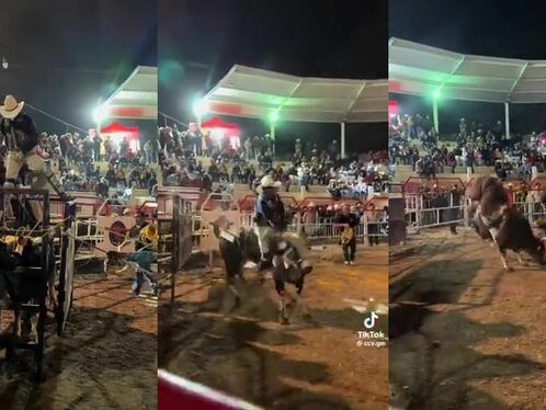 Rider bucks off and lands hard during nighttime rodeo