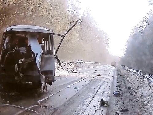 Van crashes into tree in the middle of the road