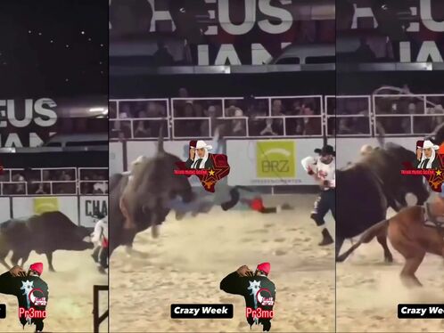 Frantic rodeo rider loses grip on bull and falls off