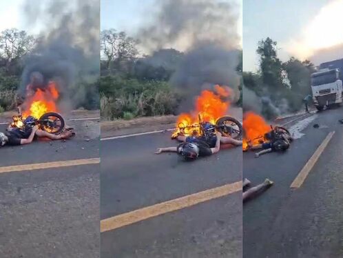 Motorcycle explodes after colliding with truck