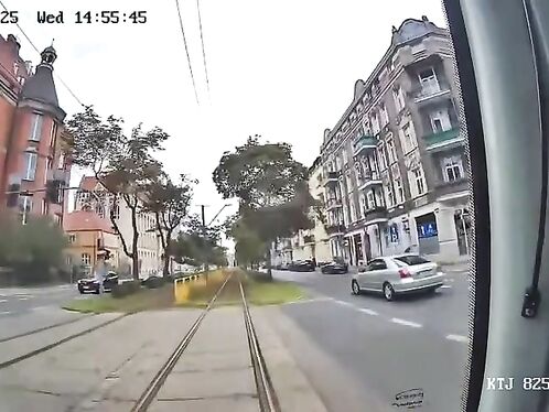Teen on electric scooter fails to yield to tram