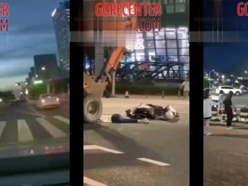 Motorcycle rider crushed by construction equipment on road