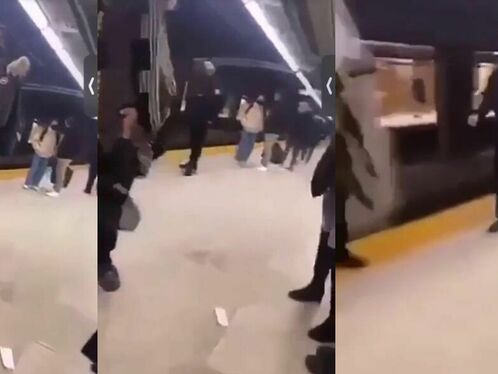 Man awkwardly falls as he steps off a subway car