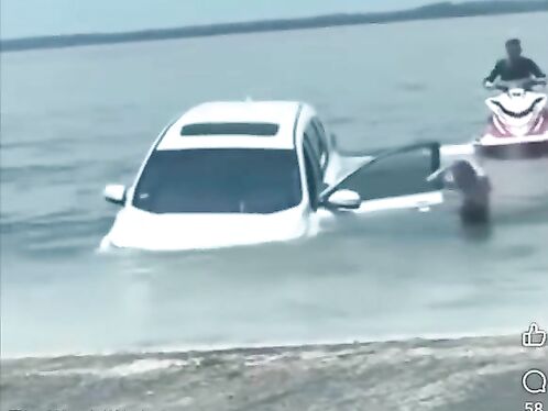 Driver struggles to save car from sinking into lake