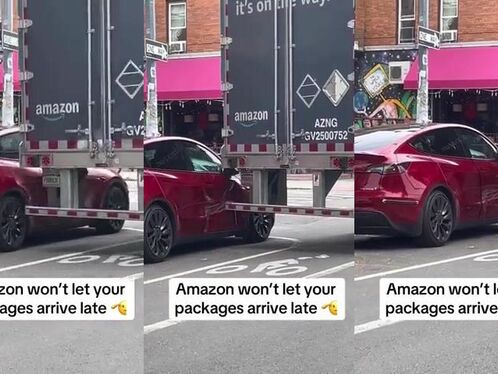 Amazon truck blocks car, causing major traffic jam