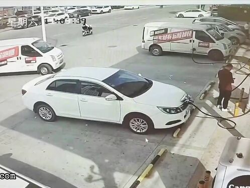 Driver crashes into van while refueling at gas station