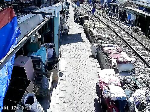 Man desperately tries to save his luggage from a moving train