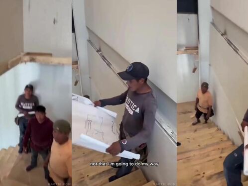 Boy struggles to walk down stairs after being tickled