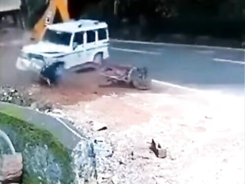 Van hits motorcyclist and keeps driving