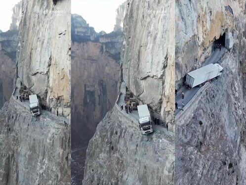 Truck navigates tight cliffside road with a narrow escape