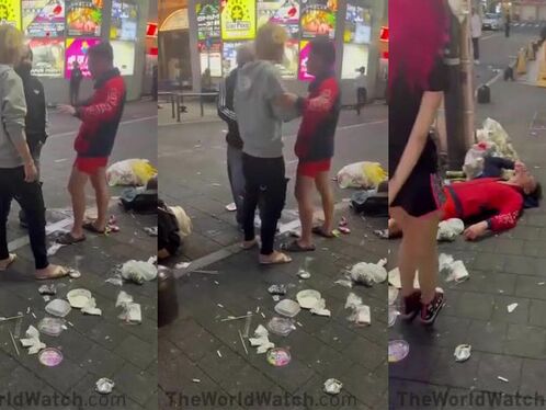 Drunk woman collapses during street argument