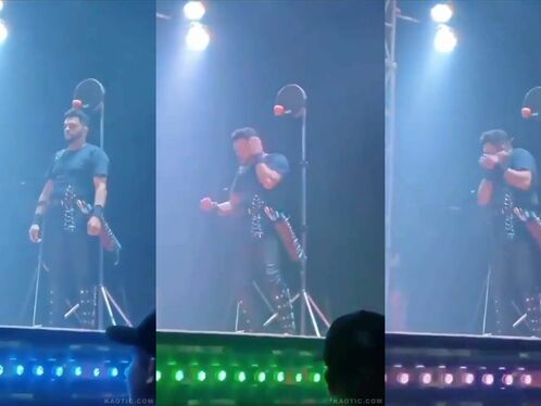 Musician performs aerial stunt with guitar on stage