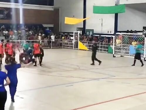 Goalie collapses after soccer ball hits chest