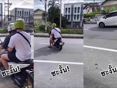Motorcycle rider flips after a car hits it