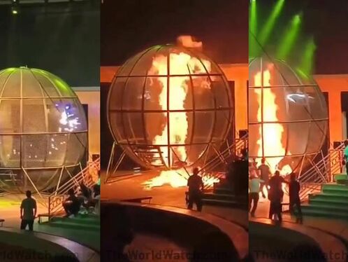 Giant globe exhibit ignites in massive fire during show