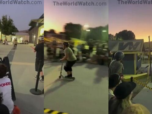 Man on electric scooter crashes into a crowd of people
