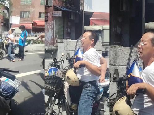 Man drinks straight from a water hose while riding a scooter