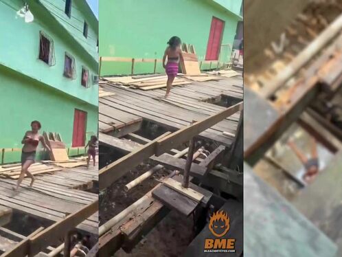 Girl slips and falls through wooden floor boards