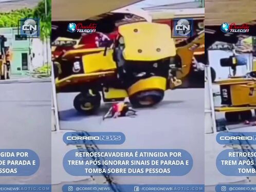Backhoe loader is hit by a train and flips over