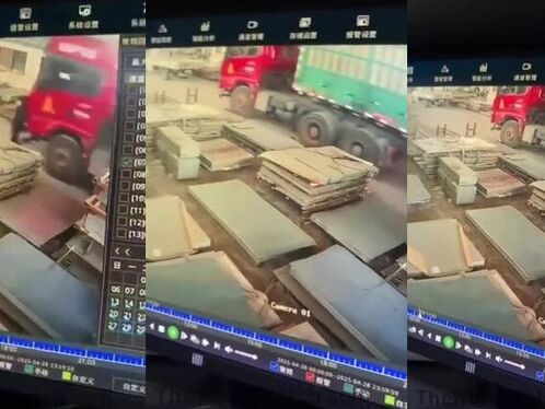 Driver's foot gets trapped in a moving truck loading ramp
