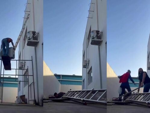 Passenger struggles to walk down a steep gangway after disembarking