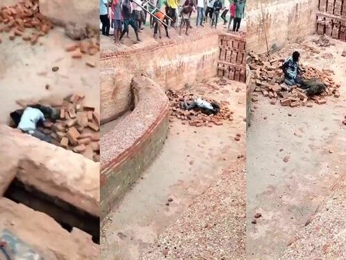 Worker falls into pit full of bricks